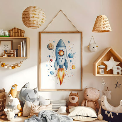 Watercolour rocket space wall art displayed in a warm kids bedroom