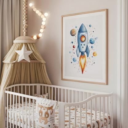 Rocket and planets nursery wall art displayed above a cot