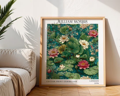 William Morris Style Water Lily Pond Print – Green Floral Square Wall Art