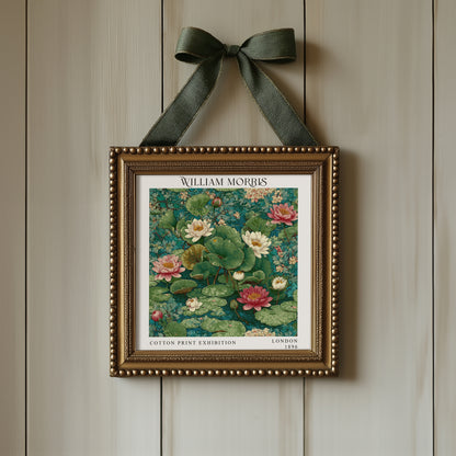 William Morris Style Water Lily Pond Print – Green Floral Square Wall Art