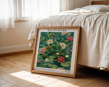William Morris Style Water Lily Pond Print – Green Floral Square Wall Art