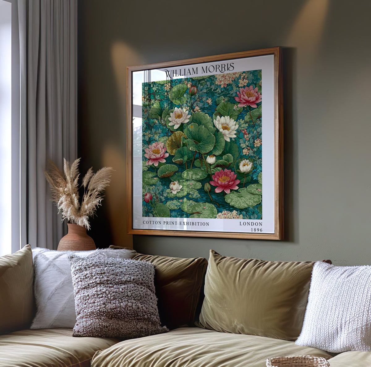 William Morris Style Water Lily Pond Print – Green Floral Square Wall Art