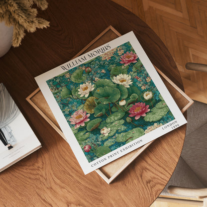 William Morris Style Water Lily Pond Print – Green Floral Square Wall Art