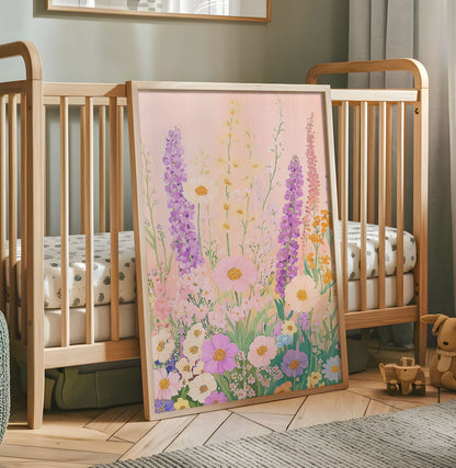 Pastel wildflower nursery wall art with pink background purple lupins and colourful meadow flowers