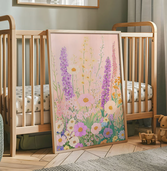 Pastel wildflower nursery wall art with pink background purple lupins and colourful meadow flowers