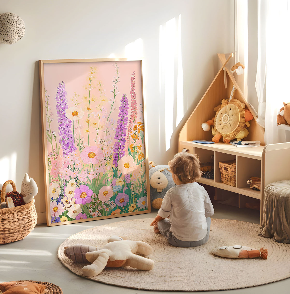 Pastel wildflower nursery print displayed in a bright child's room