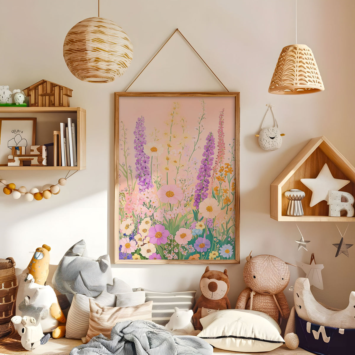 Pink floral meadow wall art displayed in a warm kids bedroom