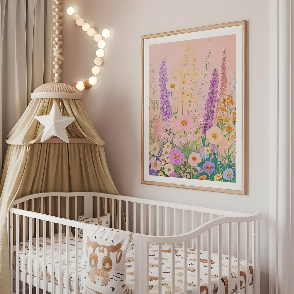 Pastel wildflower nursery wall art displayed above a cot