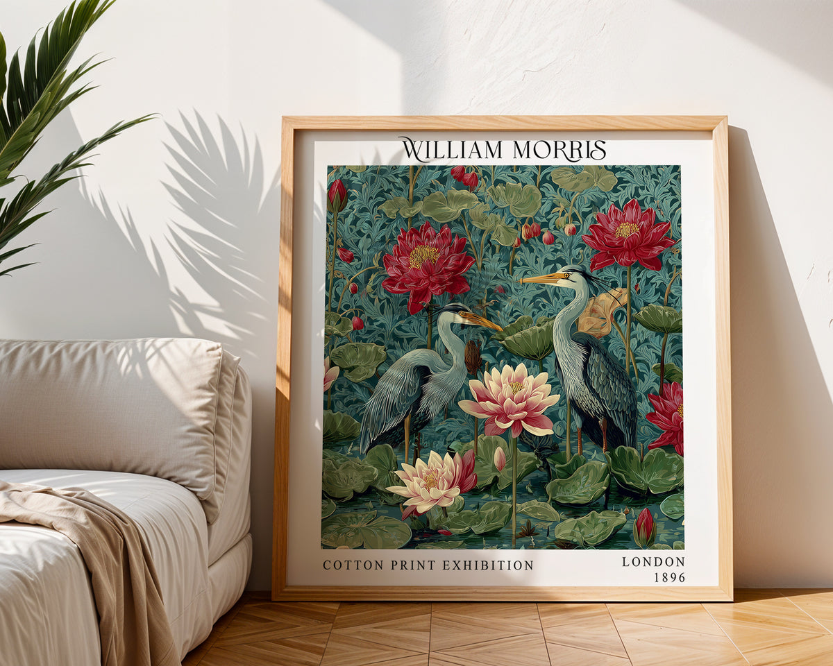 William Morris Style Heron & Water Lily Print – Botanical Bird Square Wall Art