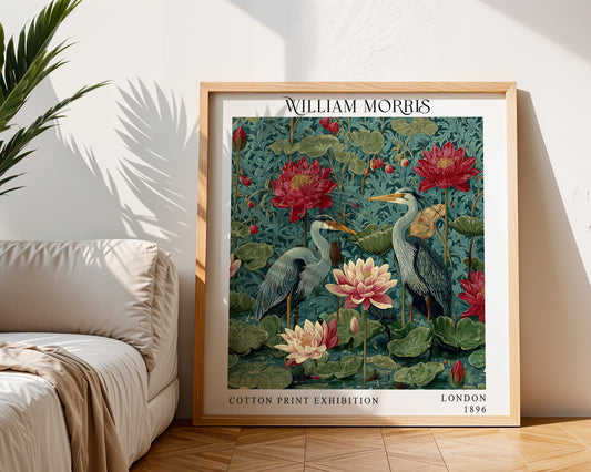 William Morris Style Heron & Water Lily Print – Botanical Bird Square Wall Art