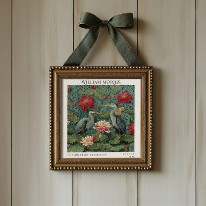 William Morris Style Heron & Water Lily Print – Botanical Bird Square Wall Art