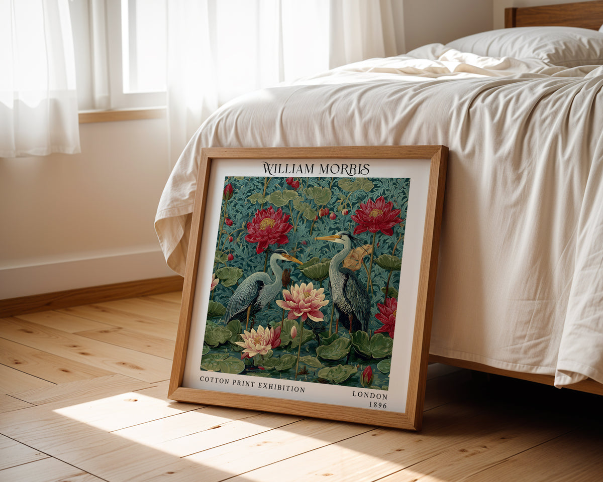 William Morris Style Heron & Water Lily Print – Botanical Bird Square Wall Art