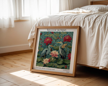 William Morris Style Heron & Water Lily Print – Botanical Bird Square Wall Art