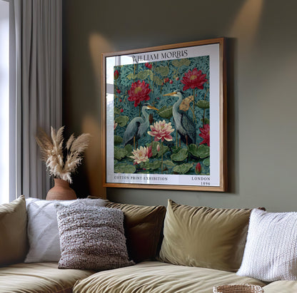 William Morris Style Heron & Water Lily Print – Botanical Bird Square Wall Art