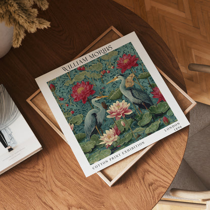 William Morris Style Heron & Water Lily Print – Botanical Bird Square Wall Art