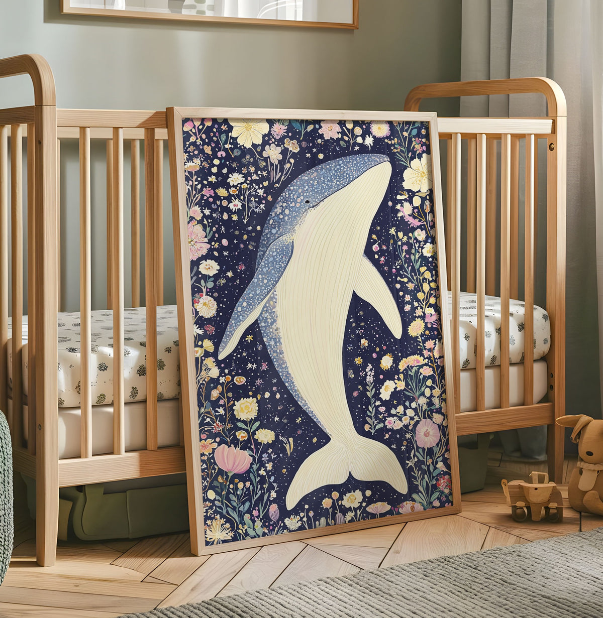 Blue whale nursery wall art surrounded by delicate flowers on a dark navy background