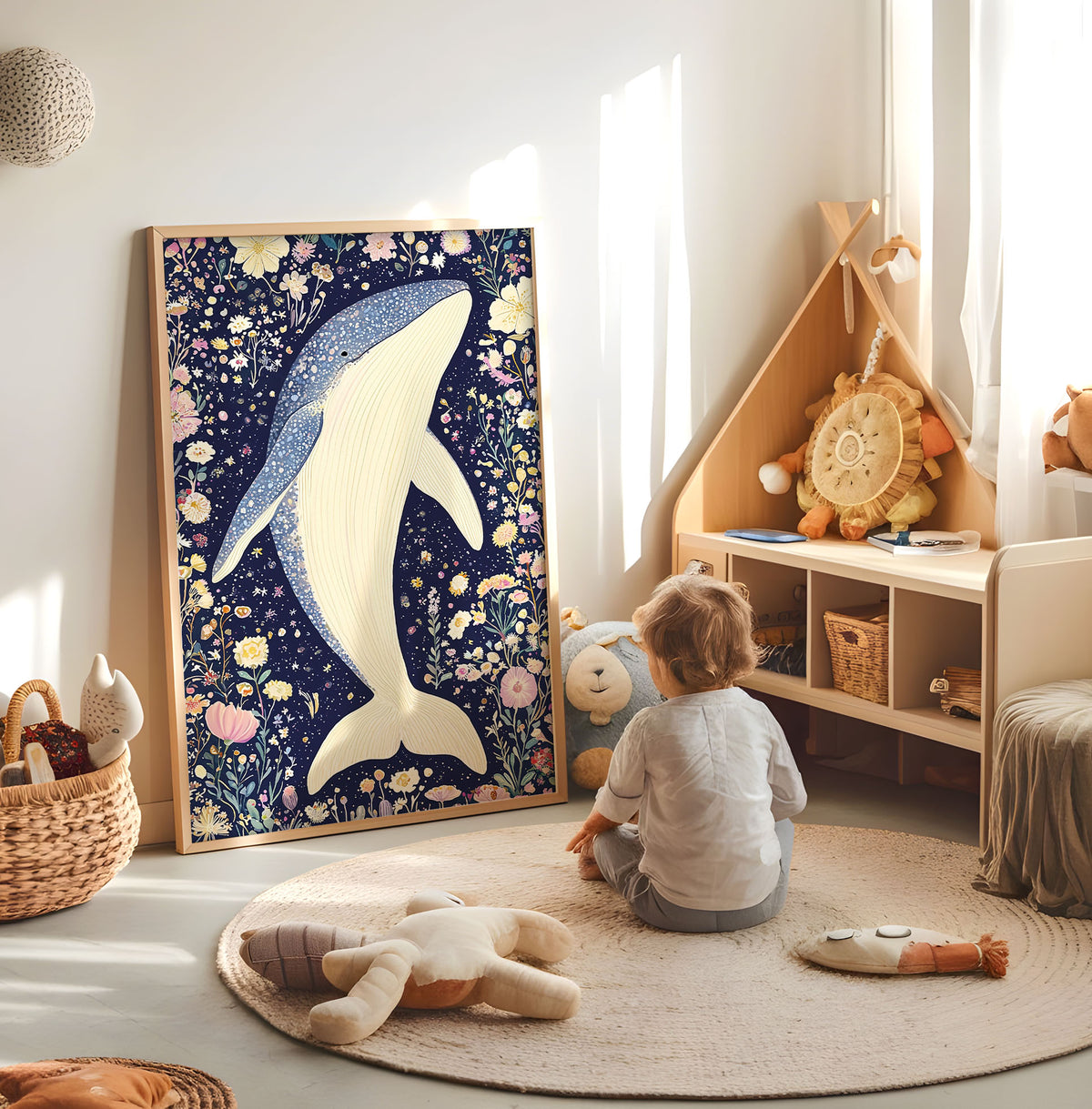 Floral whale nursery print displayed in a bright child's room