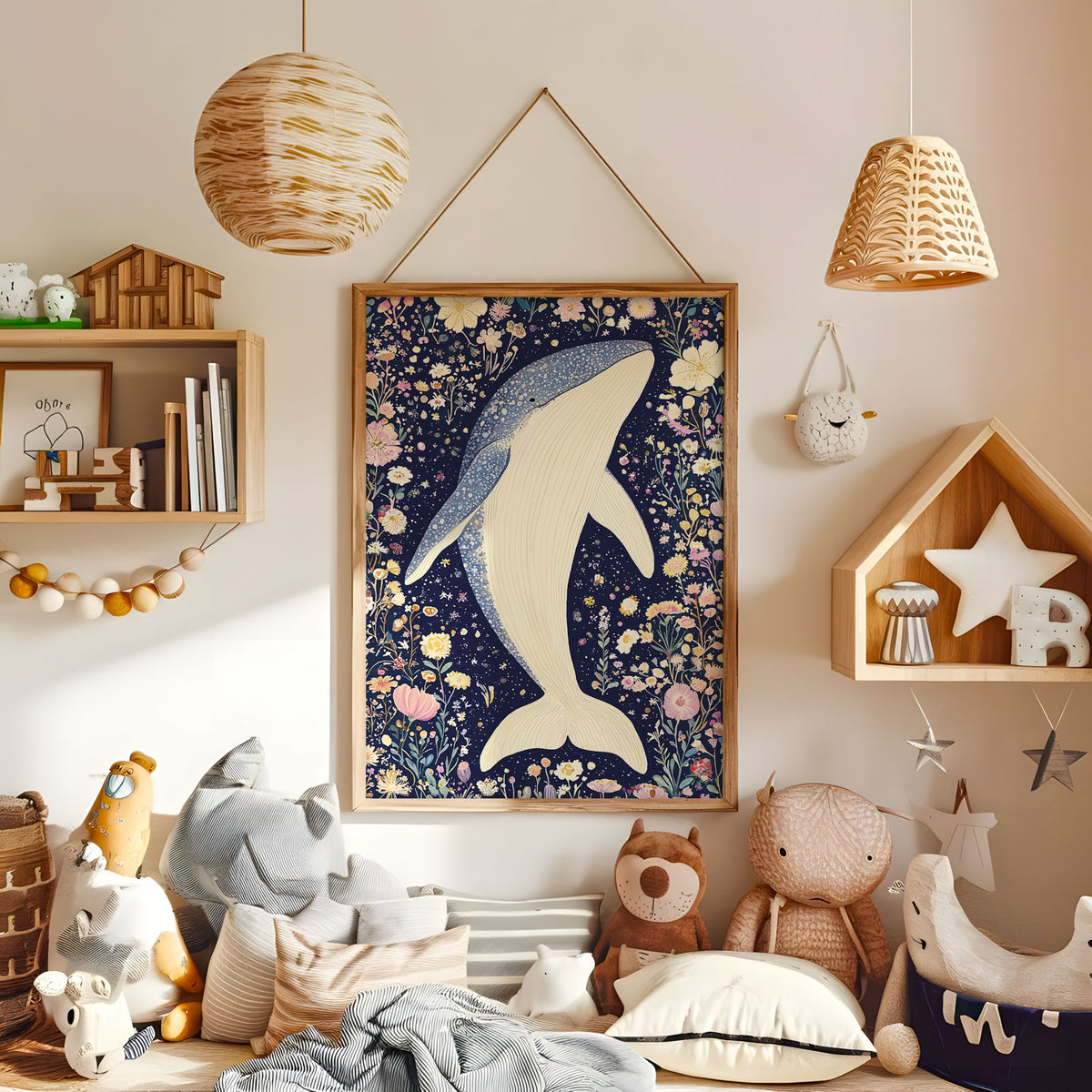 Blue floral whale wall art displayed in a warm kids bedroom