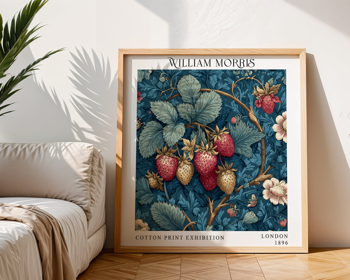William Morris Style Strawberry Print – Blue Botanical Square Wall Art