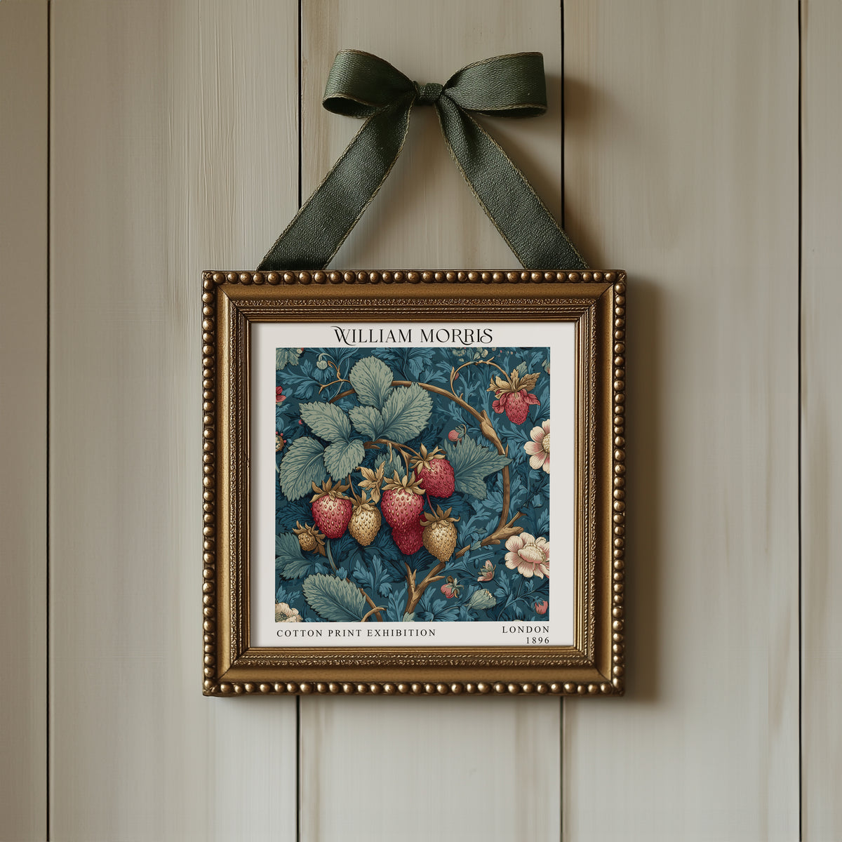 William Morris Style Strawberry Print – Blue Botanical Square Wall Art