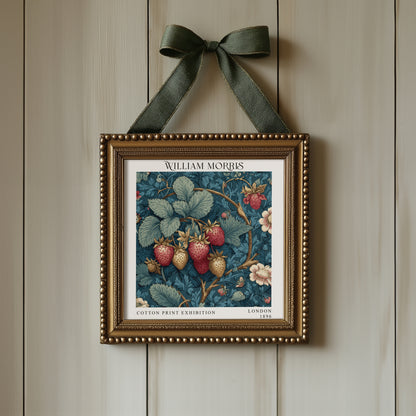 William Morris Style Strawberry Print – Blue Botanical Square Wall Art