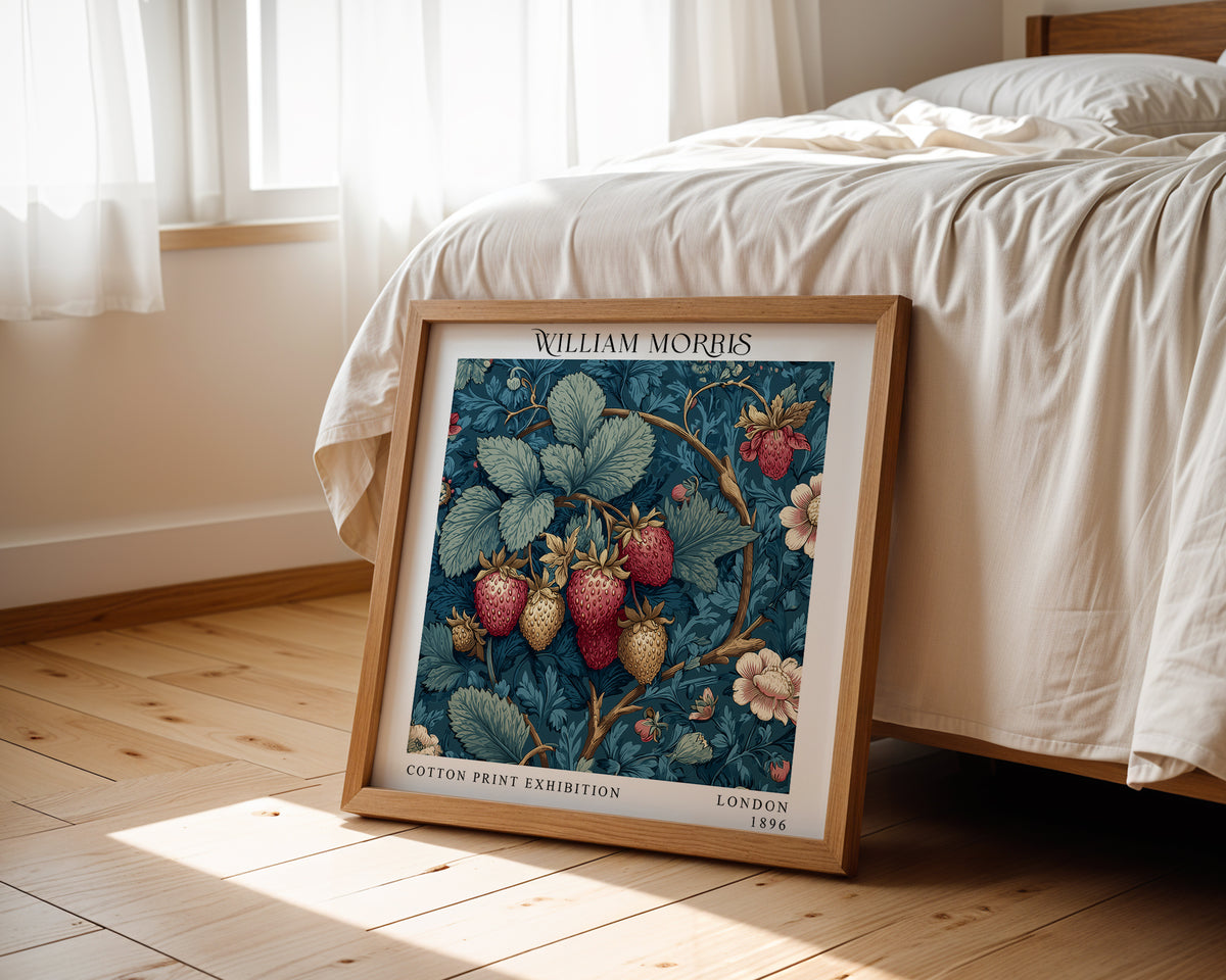 William Morris Style Strawberry Print – Blue Botanical Square Wall Art