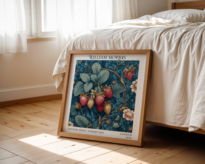 William Morris Style Strawberry Print – Blue Botanical Square Wall Art