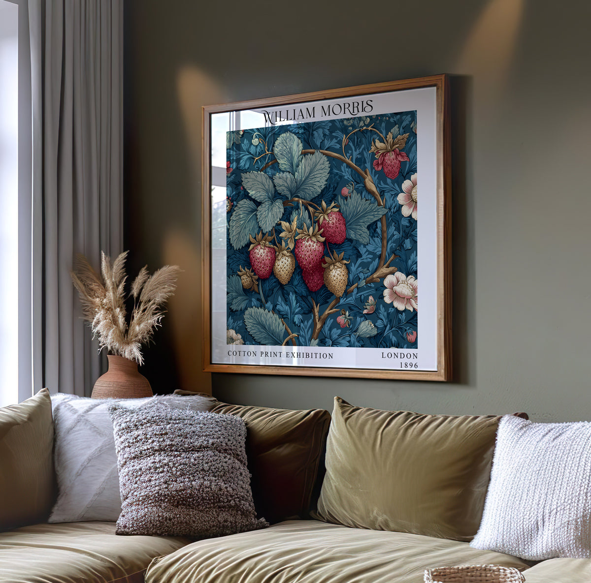 William Morris Style Strawberry Print – Blue Botanical Square Wall Art