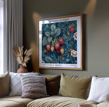 William Morris Style Strawberry Print – Blue Botanical Square Wall Art