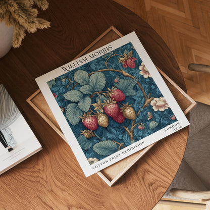 William Morris Style Strawberry Print – Blue Botanical Square Wall Art