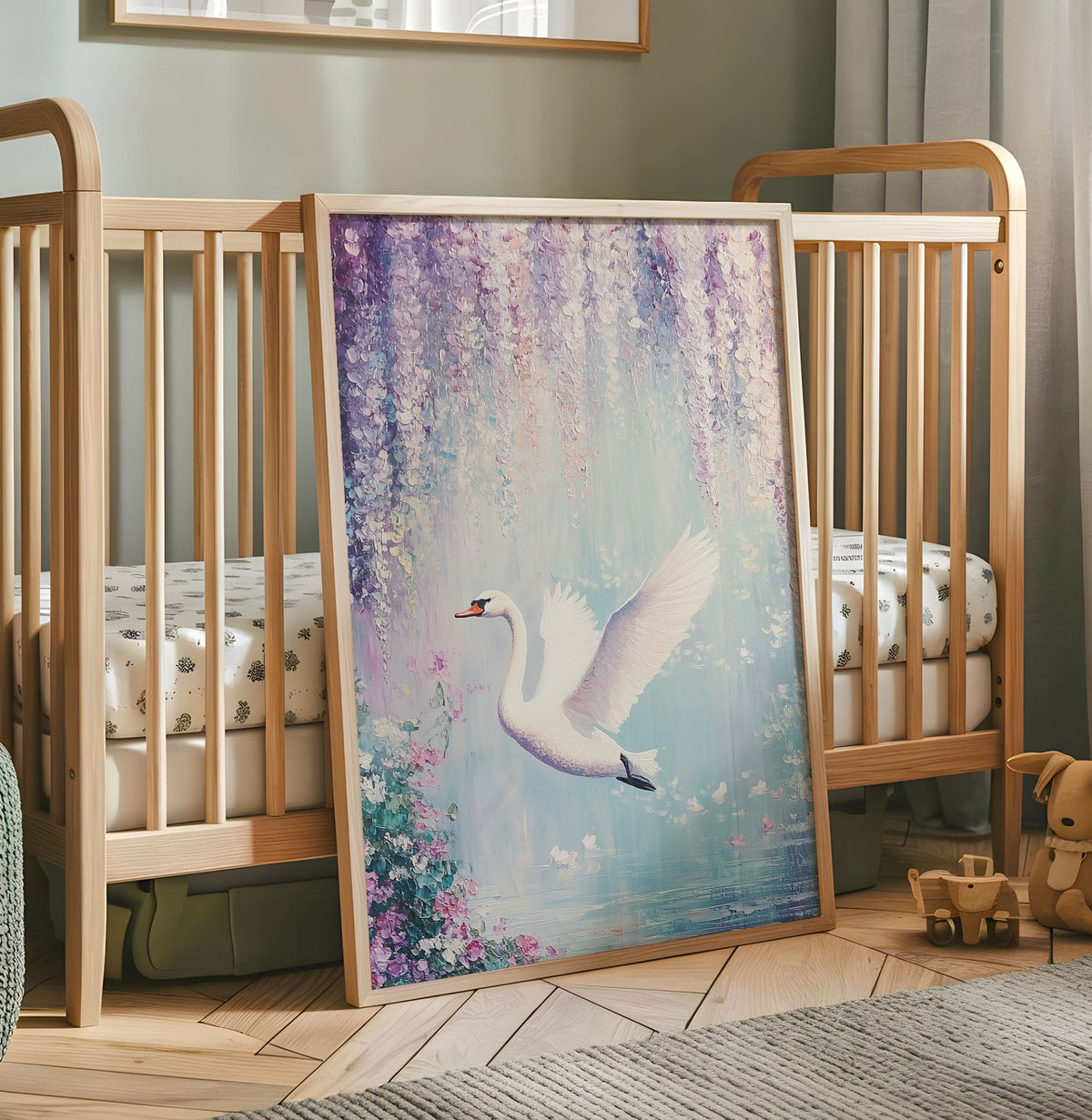 White swan nursery wall art flying through a soft pastel blue and lavender floral scene