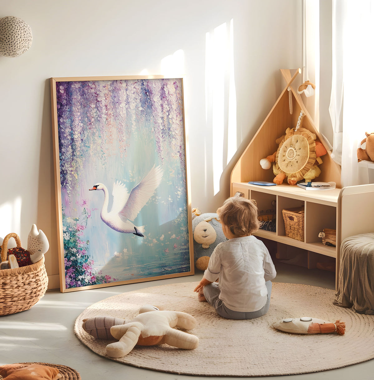 Flying white swan nursery print displayed in a bright child's room