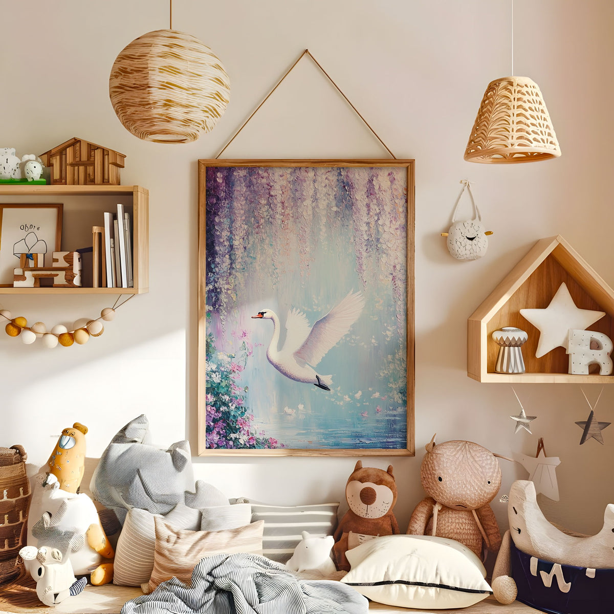 Pastel swan floral wall art displayed in a warm kids bedroom