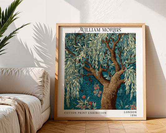 William Morris Style Willow Tree Print – Teal Botanical Square Wall Art