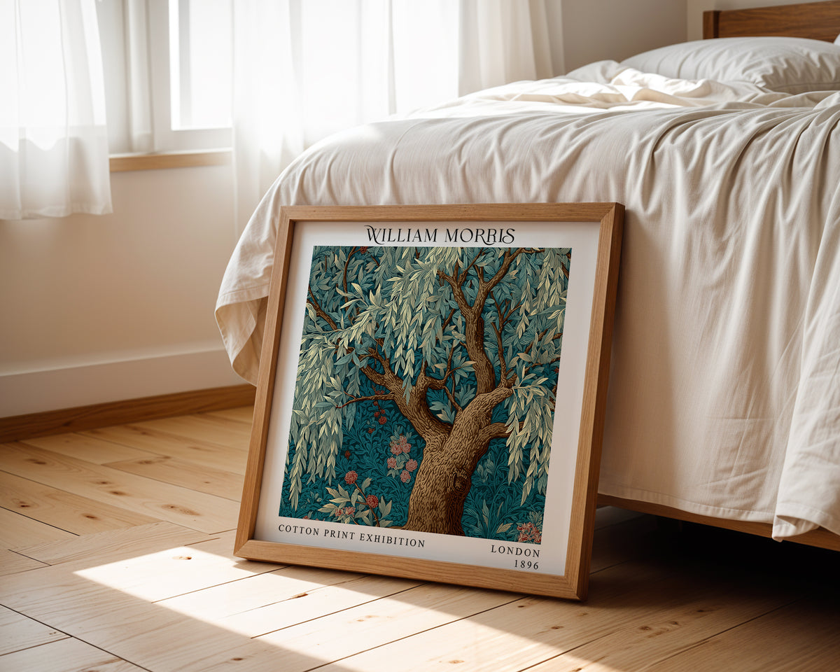 William Morris Style Willow Tree Print – Teal Botanical Square Wall Art