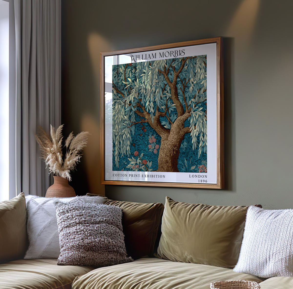 William Morris Style Willow Tree Print – Teal Botanical Square Wall Art