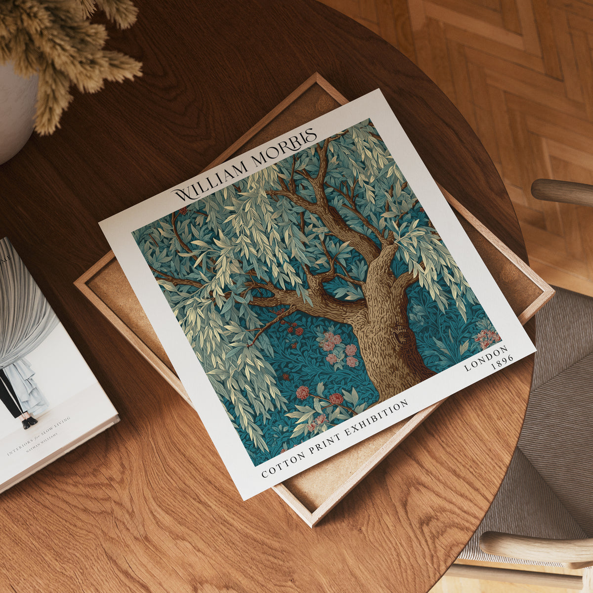 William Morris Style Willow Tree Print – Teal Botanical Square Wall Art