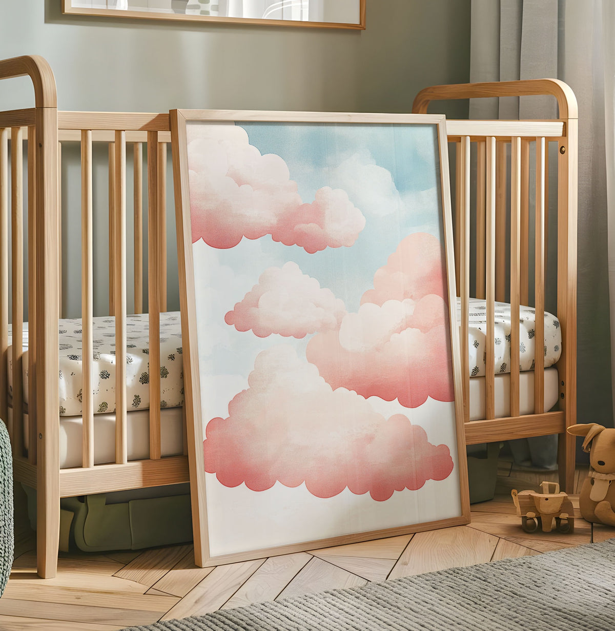 Pastel pink cloud nursery wall art with soft blue sky and dreamy watercolour style