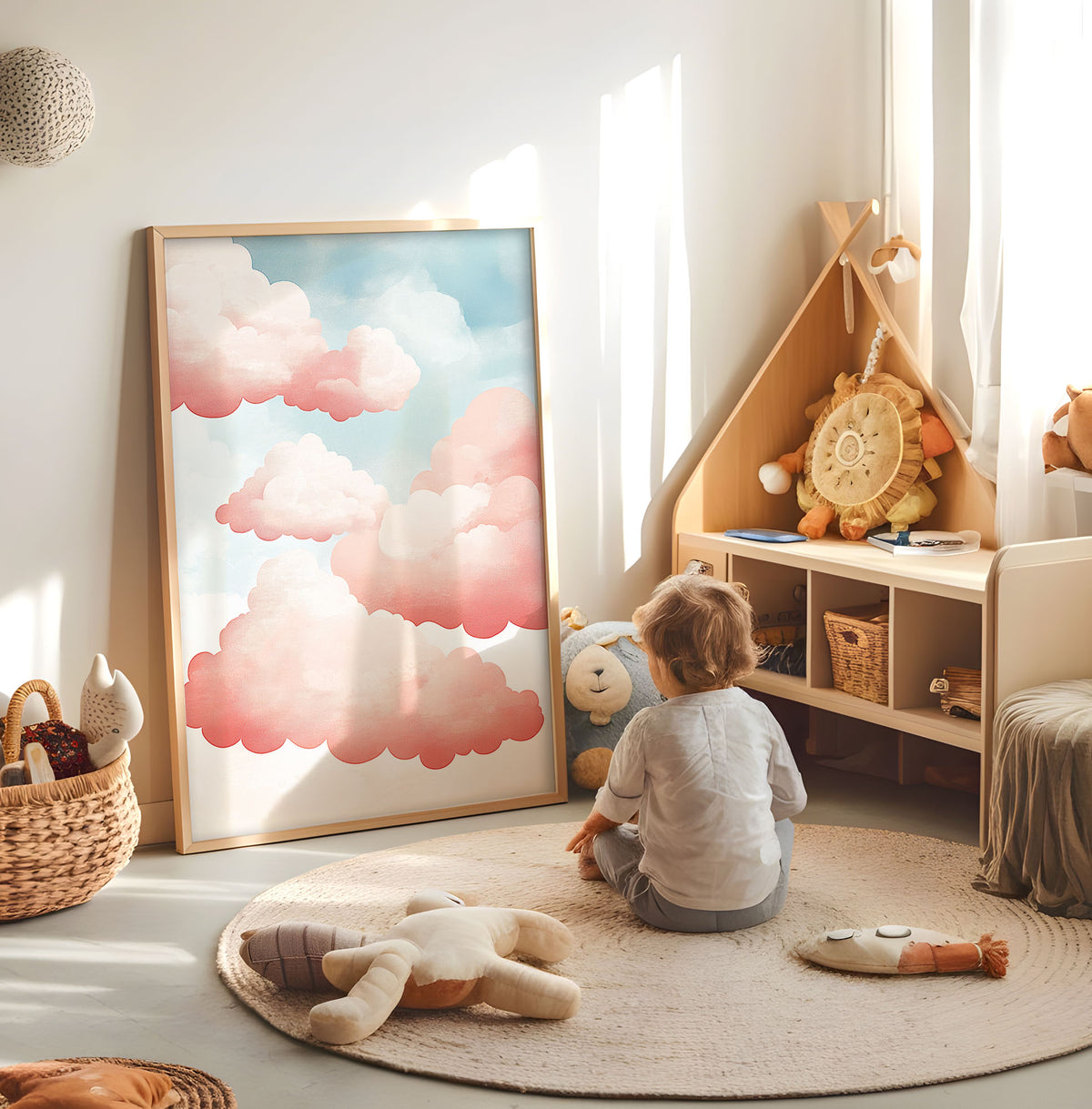 Pink cloud nursery print displayed in a bright child's room