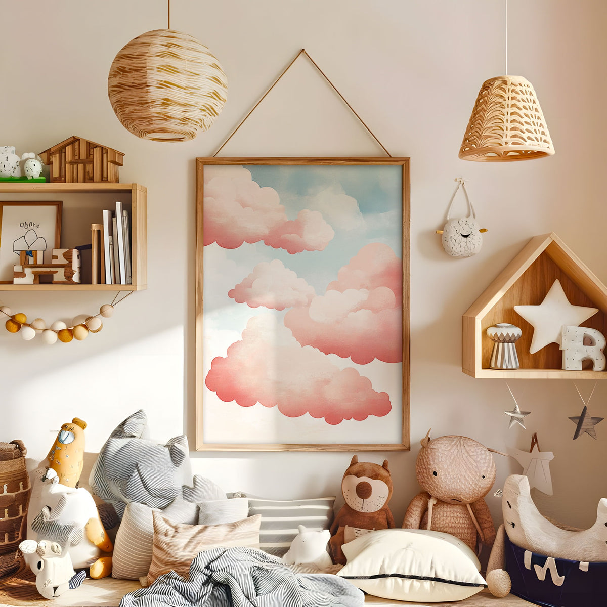 Pastel pink and blue cloud wall art displayed in a warm kids bedroom