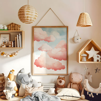 Pastel pink and blue cloud wall art displayed in a warm kids bedroom
