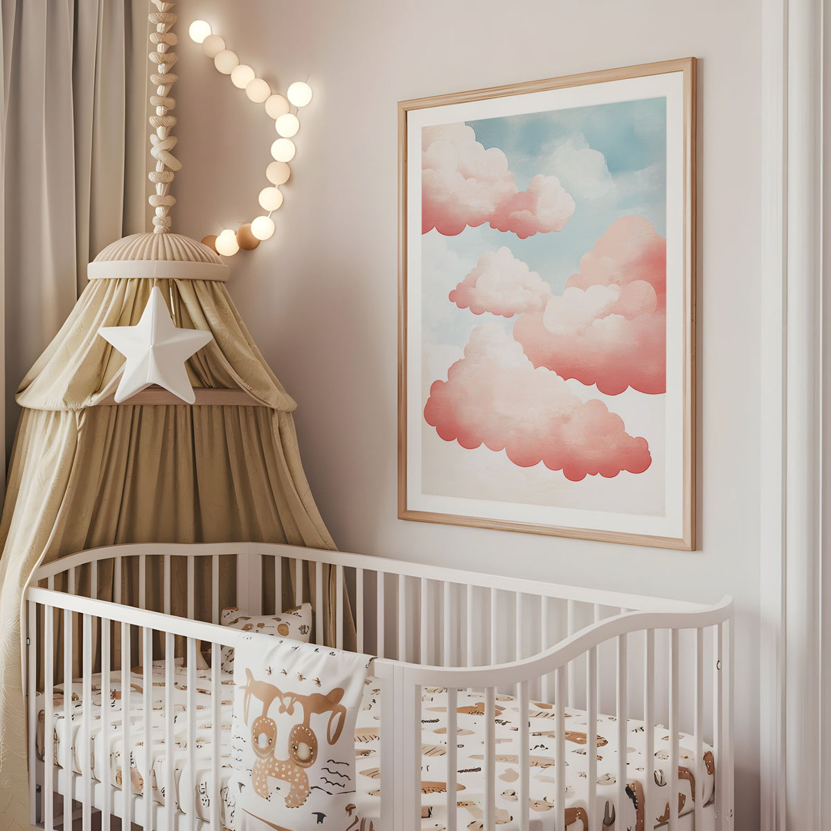 Dreamy pink cloud nursery wall art displayed above a cot