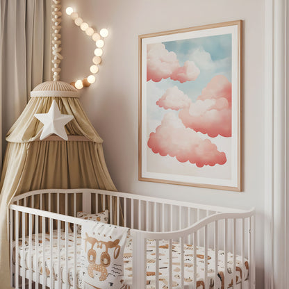 Dreamy pink cloud nursery wall art displayed above a cot
