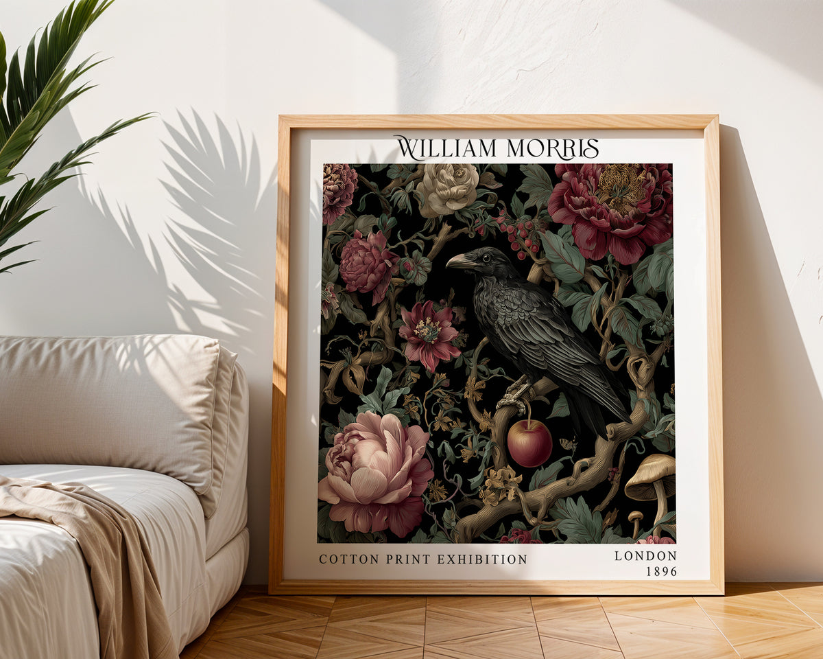 William Morris Style Raven & Floral Print – Dark Botanical Square Wall Art