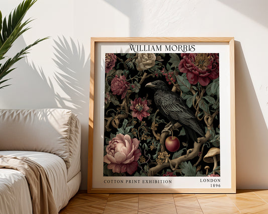 William Morris Style Raven & Floral Print – Dark Botanical Square Wall Art