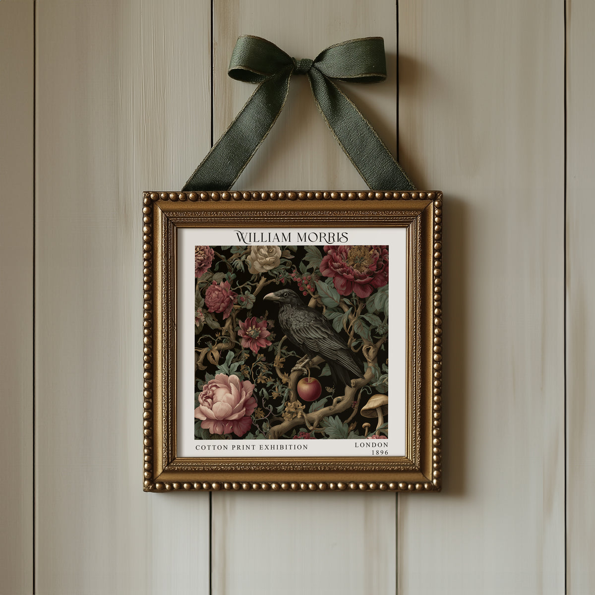 William Morris Style Raven & Floral Print – Dark Botanical Square Wall Art