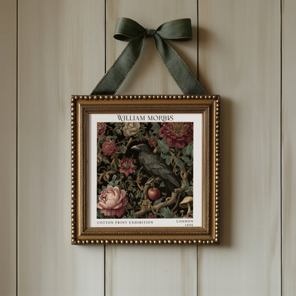 William Morris Style Raven & Floral Print – Dark Botanical Square Wall Art