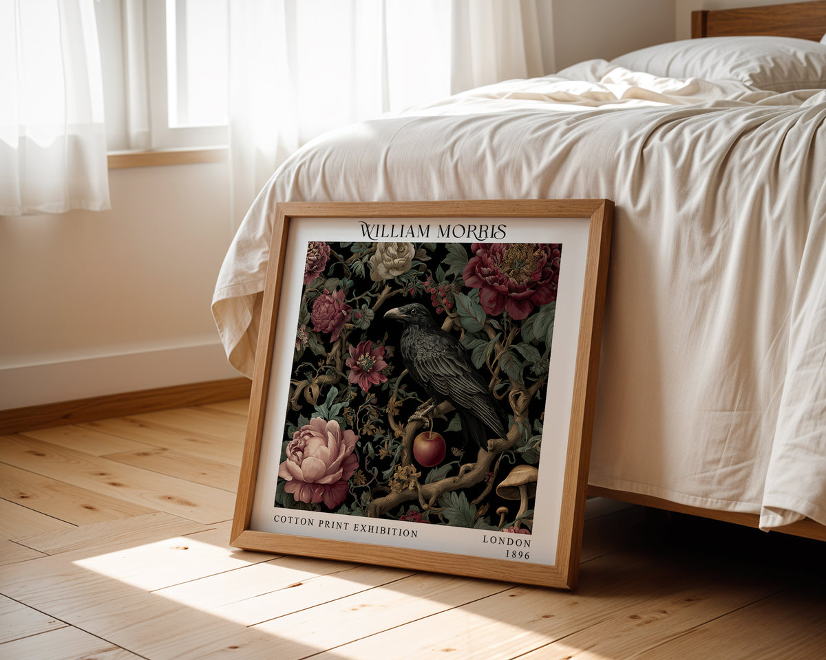 William Morris Style Raven & Floral Print – Dark Botanical Square Wall Art