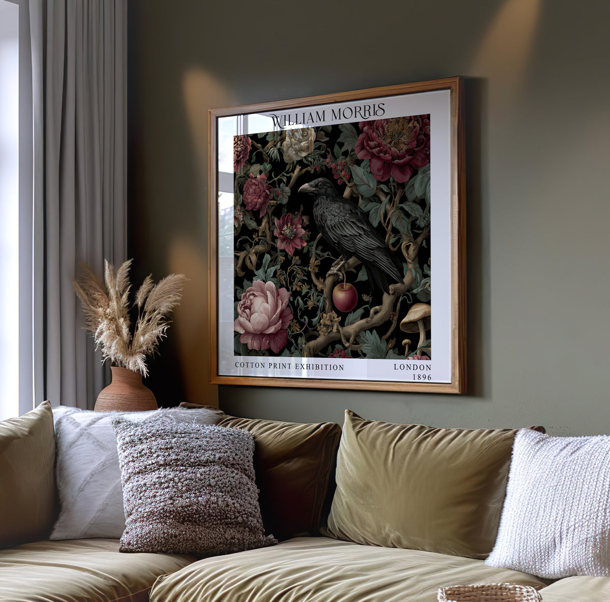 William Morris Style Raven & Floral Print – Dark Botanical Square Wall Art