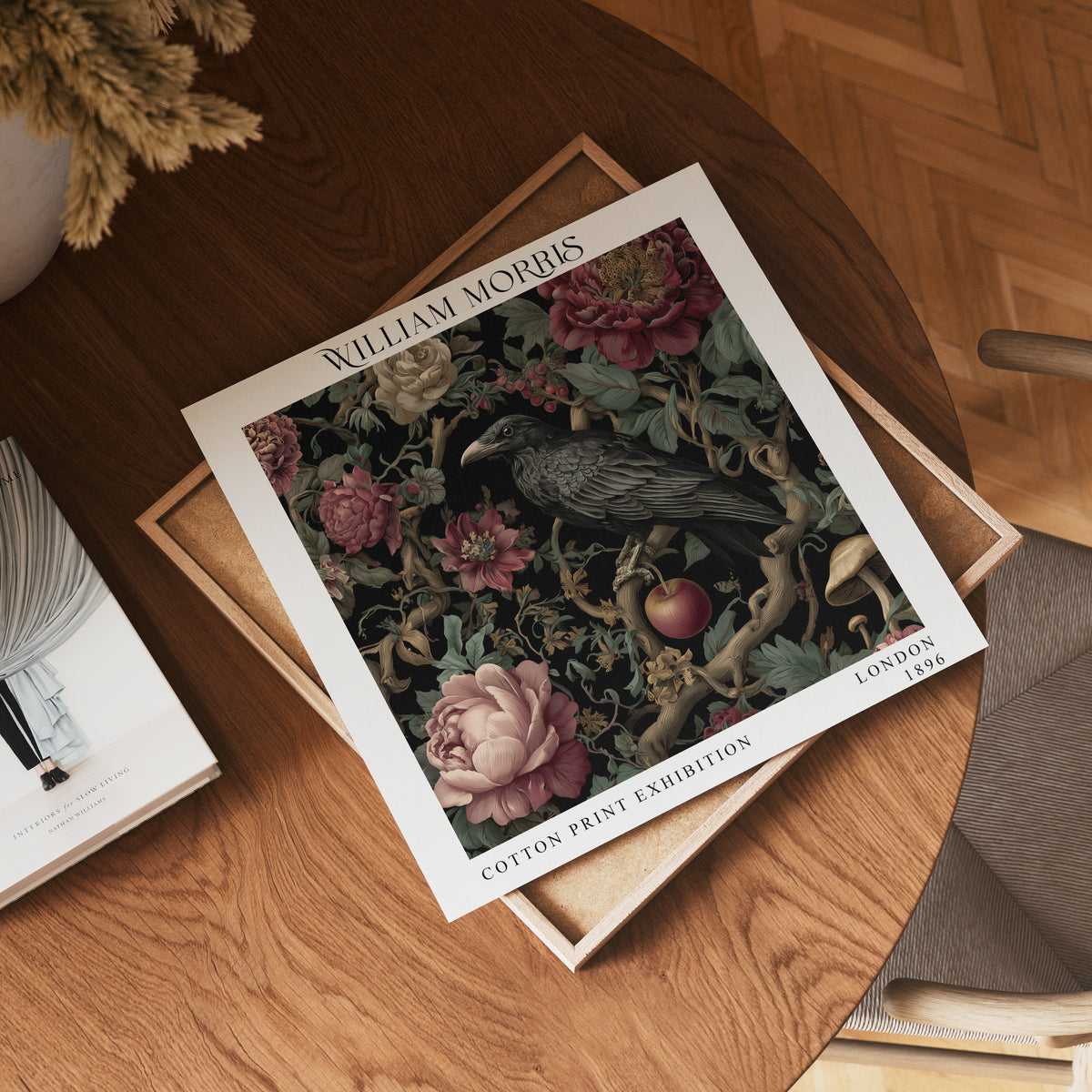 William Morris Style Raven & Floral Print – Dark Botanical Square Wall Art